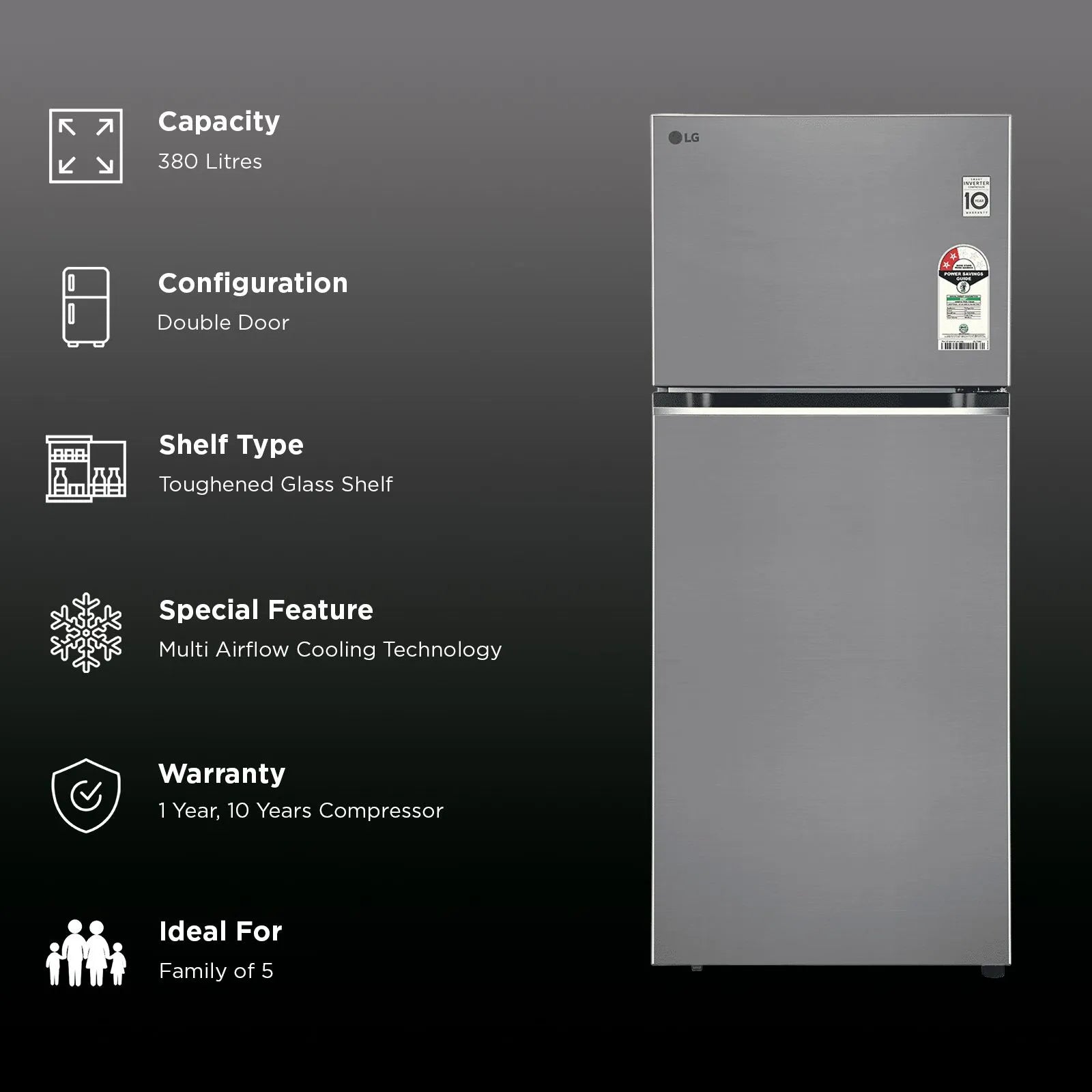 GLT3826SNPZ LG 380 Litres 2 Star Frost Free Double Door Smart Wifi Enabled Convertible Refrigerator with Multi Air Flow