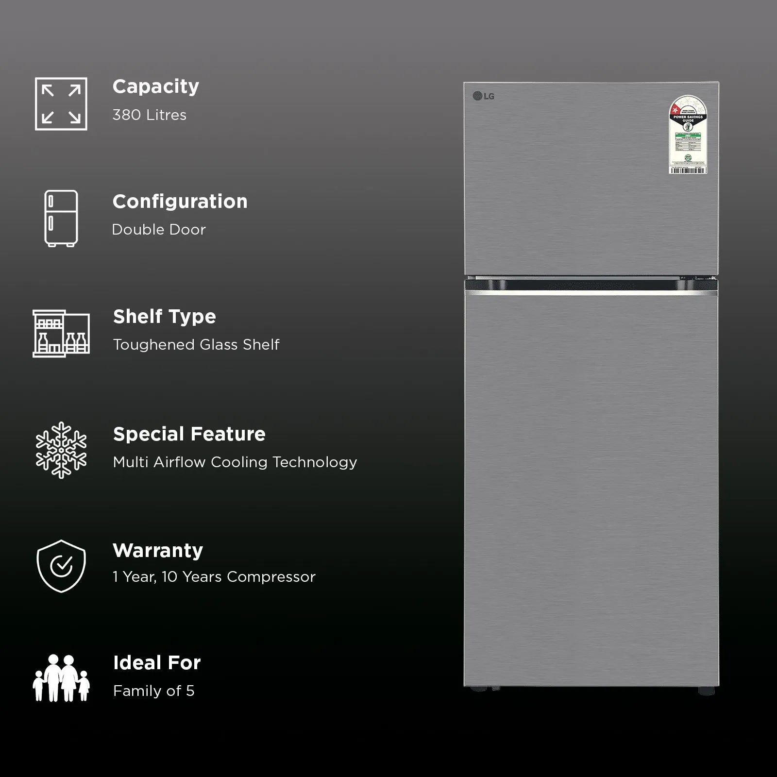 GLT3816NFDS LG 380 Litres 1 Star Frost Free Double Door Refrigerator with Multi Air Flow