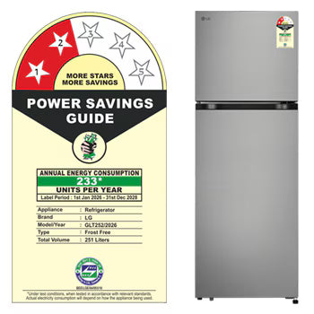 GLT2526XWPZ LG 251L Double Door Refrigerator, Convertible, Auto Smart Connect, Smart Inverter Compressor, Multi Air Flow, Shiny Steel, 2 Star