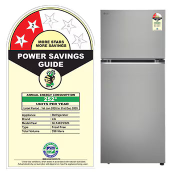GLT4026SNPZ LG 398L, Double Door Refrigerator, Smart Diagnosis™, Convertible, Shiny Steel Finish, 2 Star