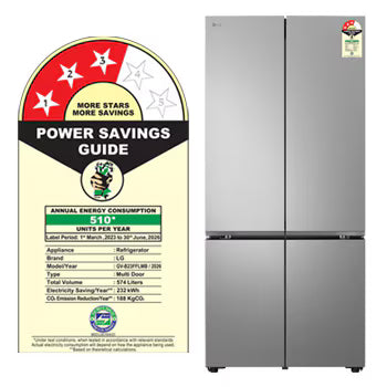 GV-B23FFLMB LG 574L French Door Refrigerator, Fresh Converter+, Wi-Fi Convertible, DoorCooling+ , Prime Silver, 3 Star