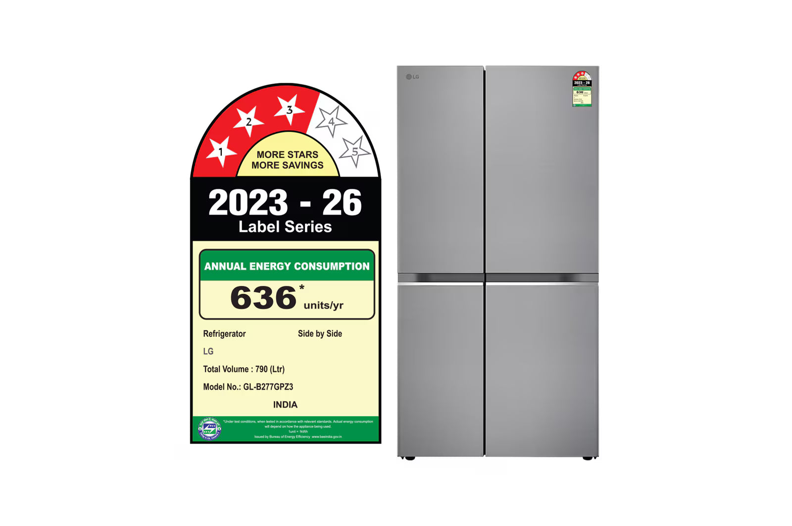 LG 790 L Side-by-Side Refrigerator, GL-B277GPZ3, Wi-Fi Convertible, Hygiene Fresh+™, Smart Diagnosis™, Shiny Steel, 3 Star