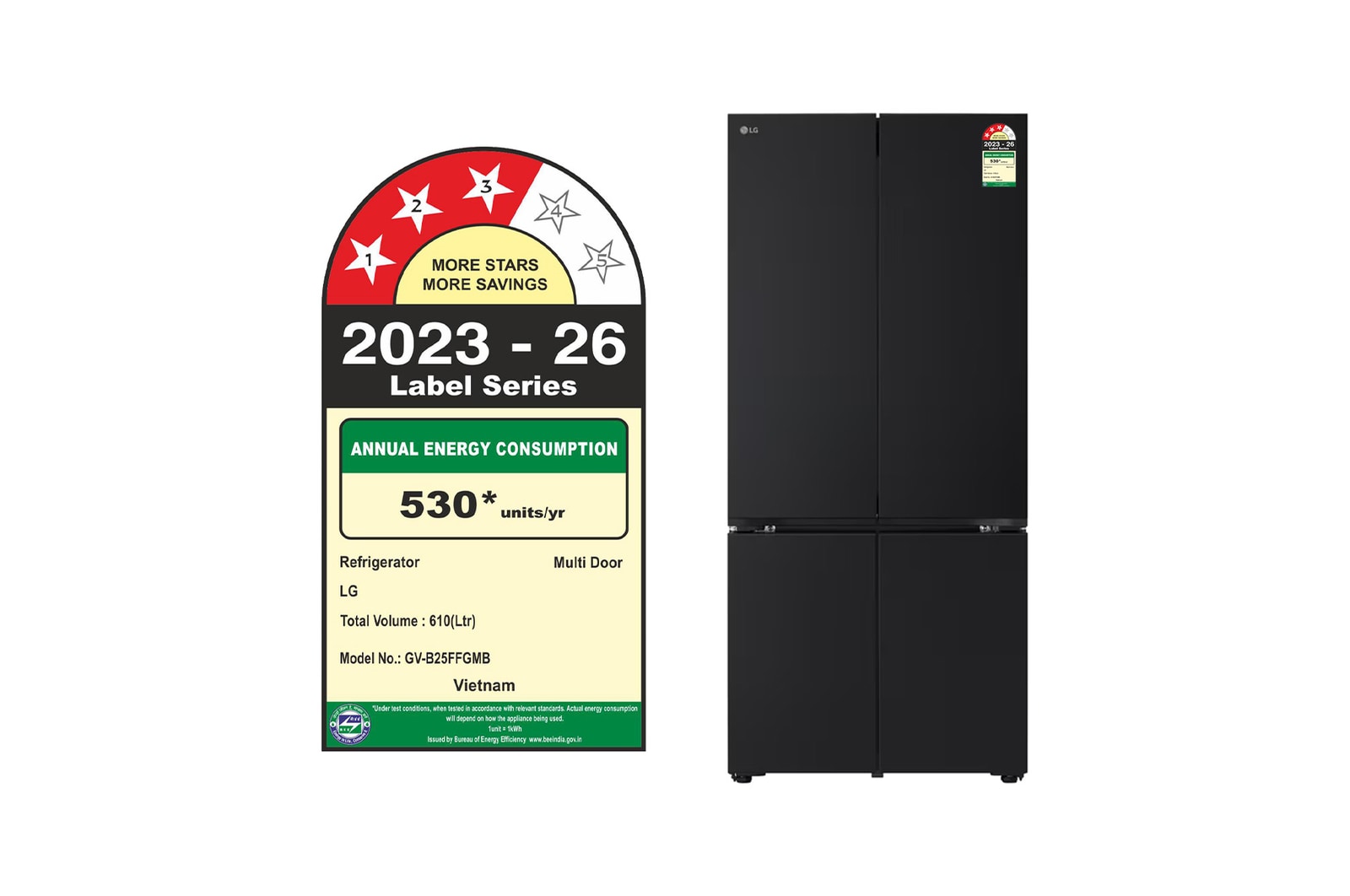 LG GV-B25FFGMB, 610L French Door Refrigerator, Fresh Converter+, Wi-Fi Convertible, DoorCooling+ Black Glass Finish, 3 Star