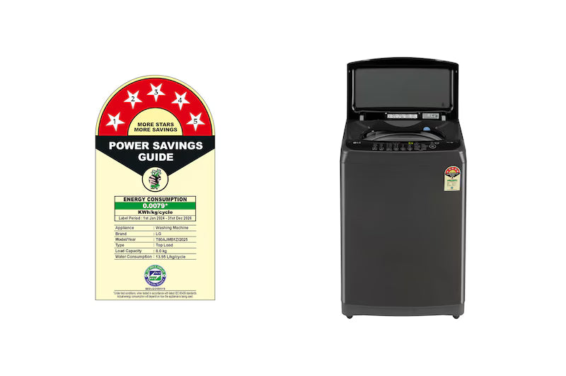 LG 8Kg Top Load Washing Machine, Smart Inverter Motor, Auto Tub Clean, Middle Black, 5 Star