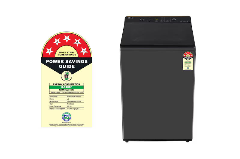 LG 8Kg Top Load Washing Machine, Hard Water Wash, Middle Black, 5 Star