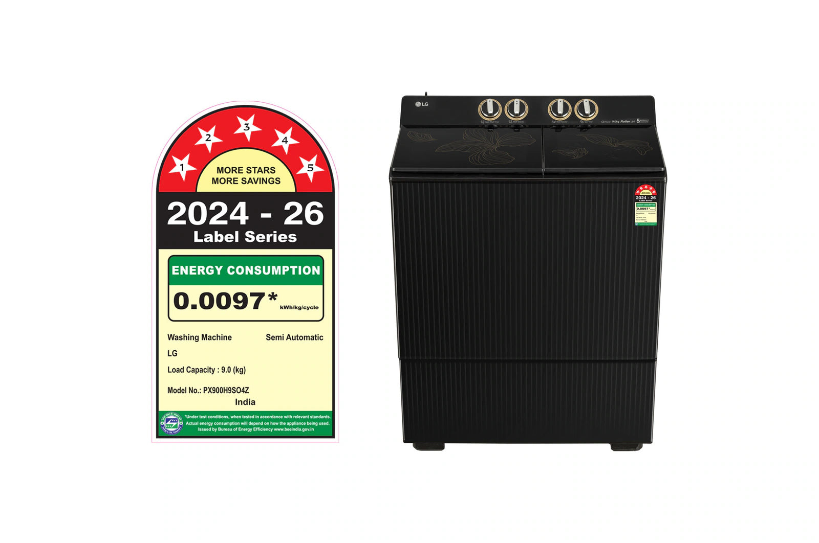 LG 9 KG Washing Machine PX900H9SO4Z with Dual Spin Shower, 3+1 Wash Program, Rat Away Technology, Onyx Black, 5 Star