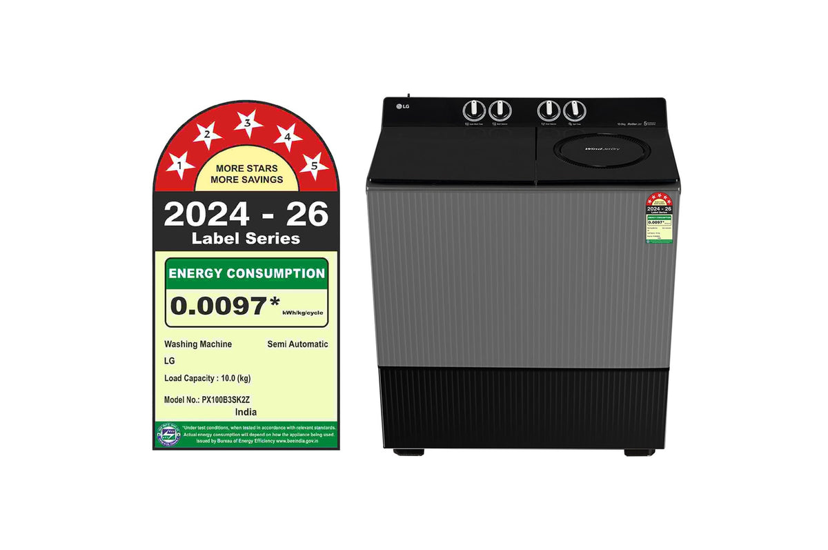 LG PX100B3SK2Z 10 KG Semi Automatic Washing Machine with Roller Jet Pulsator+, Rat Away Technology, Wind Jet Dry+ Technology, Middle Black, 5 Star