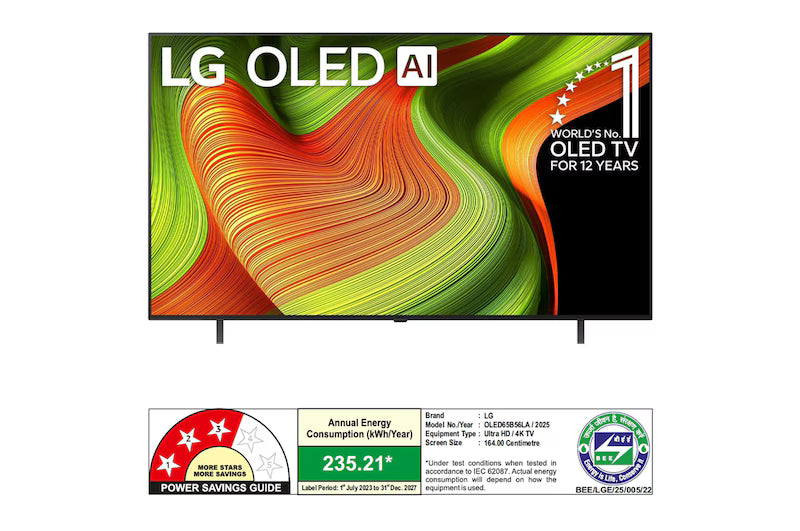 LG OLED65B56LA 65 Inch 4K OLED Smart TV (2025 Model) | α8 AI Processor, Dolby Vision & Atmos, 120Hz Refresh Rate, webOS 24, VRR, G-Sync, HDMI 2.1 |