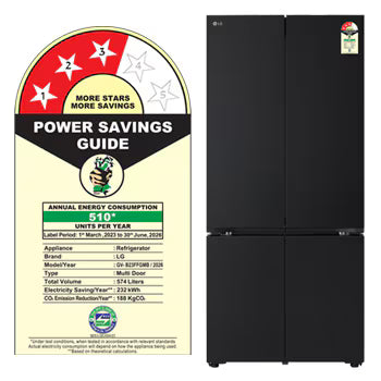GV-B23FFGMB LG 574L French Door Refrigerator, Fresh Converter+, Wi-Fi Convertible, DoorCooling+ Black Glass Finish, 3 Star
