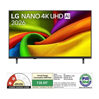 108 cm (43) LG NANO 4K UHD AI 43NU880BPLA UHD TV with α7 AI Processor 4K Gen9, with Dolby Atmos 2026