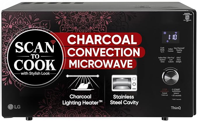 MJEN286VIW LG 28 L Scan to Cook Wi-Fi Enabled Charcoal Convection Microwave Oven ( Black, Stainless steel cavity, Heart Friendly Recipes, Ghee, Diet Fry & 360° Motorised Rotisserie for Bar-be-queing)