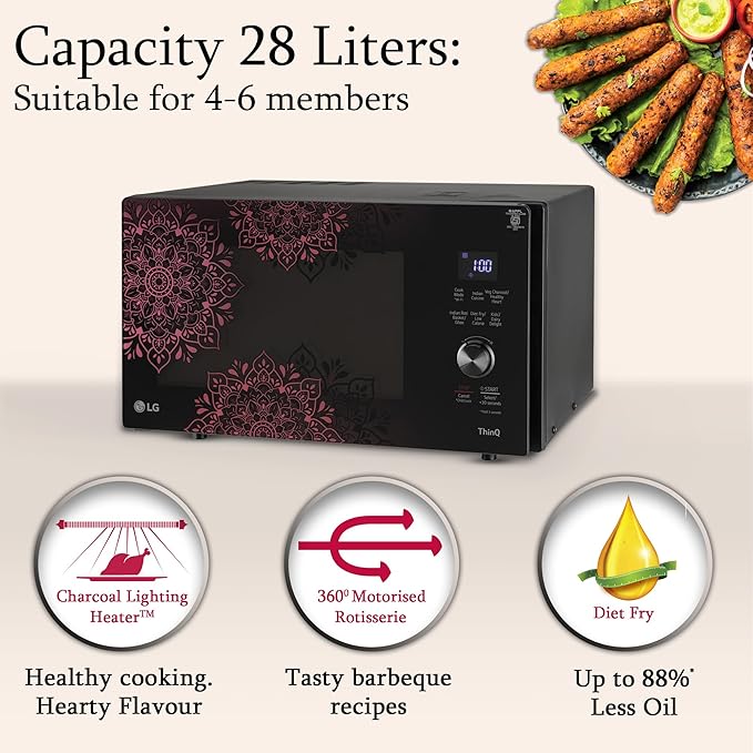 MJEN286VIW LG 28 L Scan to Cook Wi-Fi Enabled Charcoal Convection Microwave Oven ( Black, Stainless steel cavity, Heart Friendly Recipes, Ghee, Diet Fry & 360° Motorised Rotisserie for Bar-be-queing)