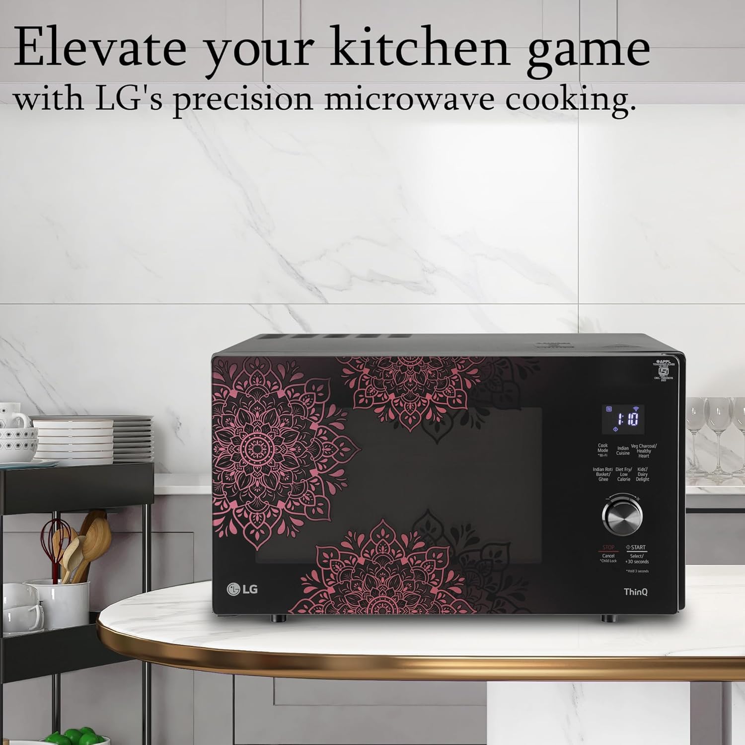 MJEN286VIW LG 28 L Scan to Cook Wi-Fi Enabled Charcoal Convection Microwave Oven ( Black, Stainless steel cavity, Heart Friendly Recipes, Ghee, Diet Fry & 360° Motorised Rotisserie for Bar-be-queing)