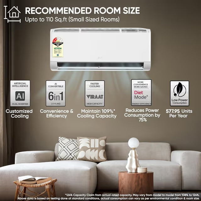 LG 2 Star (0.8) Split AC, Auto Clean, Gold Fin+, Diet Mode+, Viraat Mode, 2.9kW, 2026 Model