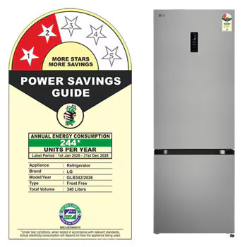GLB3426BDPZ LG 340L Bottom Freezer Refrigerator, Door Cooling+™, Wi-Fi Convertible, E-Micom, Shiny Steel, 2 Star