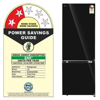 GLB3426BEBM LG 340L Bottom Freezer Refrigerator, Door Cooling+, Wi-Fi Convertible, Metal Fresh, Black Mirror, 2 Star