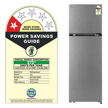 GLT2816WXDS LG 276L Double Door Refrigerator with Smart Mode, Auto Smart Connect, Smart Inverter Compressor, Multi Air Flow, Dazzle Steel, 1 Star