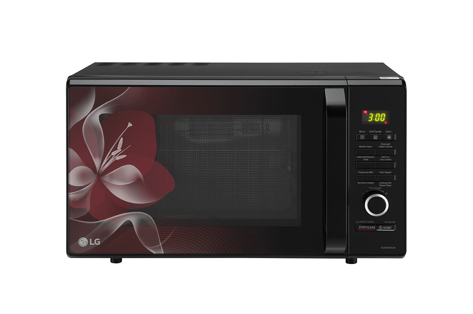 LG 28 L Charcoal Convection Microwave Oven with Charcoal Lighting Heater, Diet Fry, Motorised Rotisserie, Floral Black