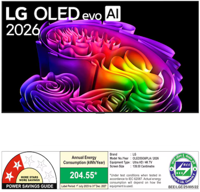 139 cm (55) LG OLED evo AI G6 4K Smart TV OLED55G6PLA with α11 AI Processor Gen3, with Dolby Vision & Atmos 2026