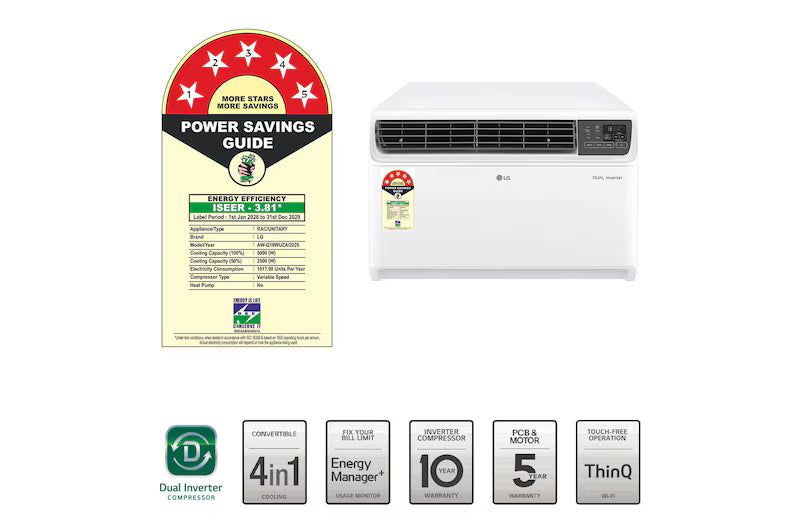 LG 5 Star (1.5) Window AC, Convertible 4-in-1 Cooling, Dual Inverter Compressor, 100% Copper Tubes, 5.0 kW, 2026 Model