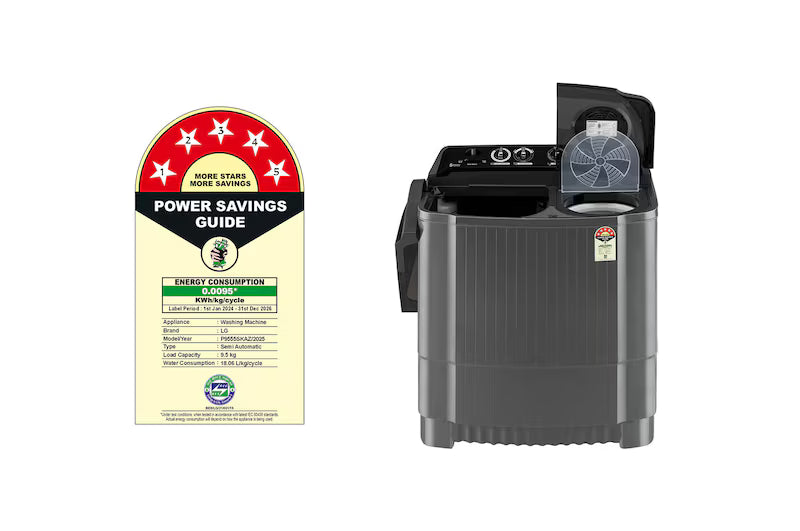 LG 9.5Kg Semi Automatic Washing Machine, , Roller Jet Pulsator + Soak, Rat Away, Middle Black, 5 Star