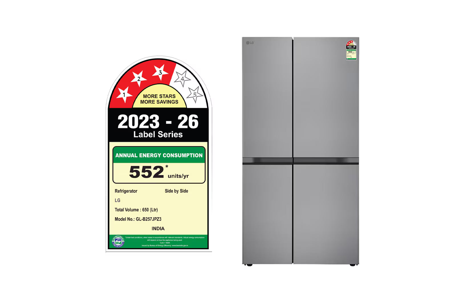 LG 650L Side-by-Side Refrigerator, GL-B257JPZ3, Convertible, Multi-Air Flow, Smart Diagnosis™, Shiny Steel, 3 Star