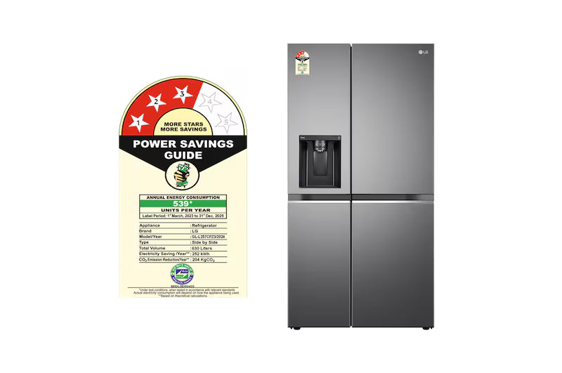 LG 630L, Side-by-Side Refrigerator, Wi-Fi Convertible, Water & Ice Dispenser, Shiny Steel Finish, 3 Star