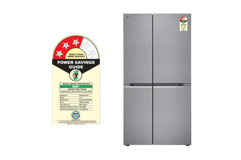 LG 650L Side-by-Side Refrigerator, Convertible, Door Cooling+™, Shiny Steel Finish, 3 Star