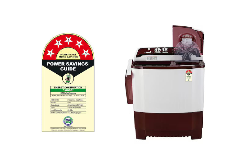 LG 8Kg Semi Automatic Washing Machine, Roller Jet Pulsator + Soak, Burgundy, 5 Star