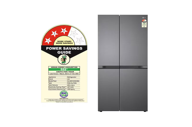 B257JDS3 LG 650L Side-by-Side Refrigerator, Convertible, Multi-Air Flow, Smart Diagnosis™, Dazzle Steel, 3 Star