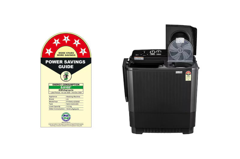 LG 11.5Kg Semi Automatic Washing Machine, Roller Jet Pulsator + Soak, Full Black, 5 Star