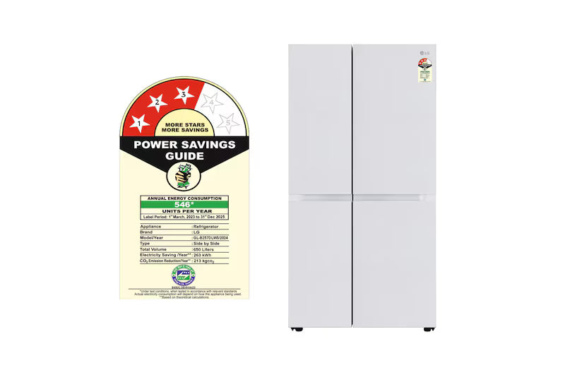 LG 650L Side by Side Refrigerator, Wi-Fi Convertible, DoorCooling+™, Premium Glass Door, Linen White Finish, 3 Star