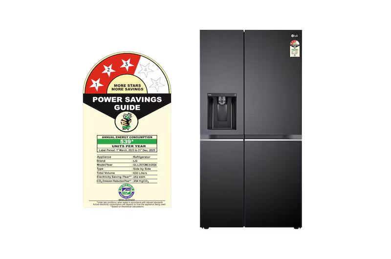 LG 630L, Side-by-Side Refrigerator, Wi-Fi Convertible, Water & Ice Dispenser, Matte Black Finish, 3 Star