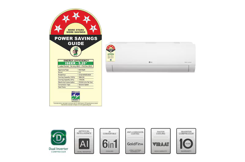 LG 5 Star (1.0) Split AC, AI Convertible 6-in-1 Cooling, Auto Clean, Diet Mode+, 100% Copper Tubes, 3.5 kW, 2025 Model